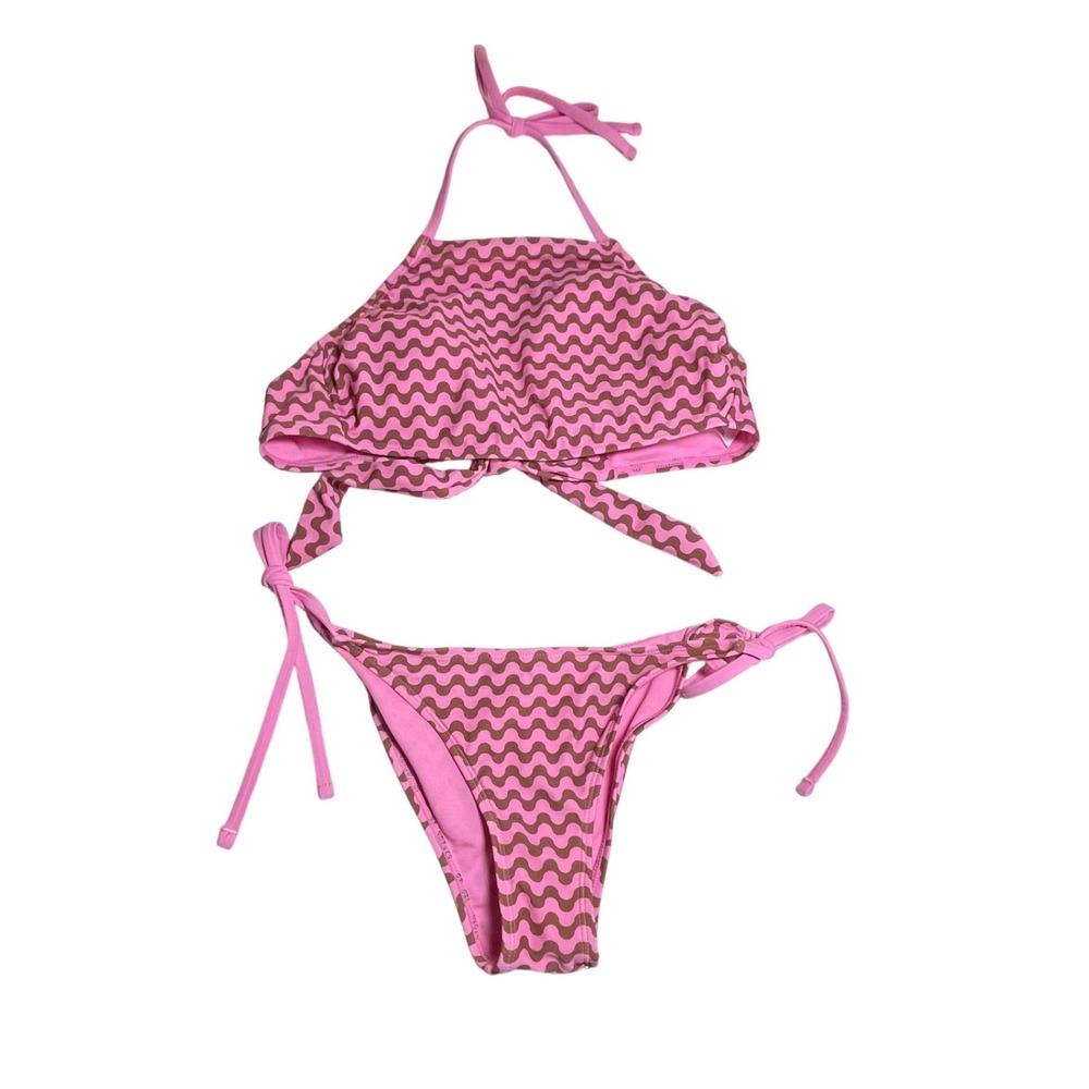Wild Fable Pink Brown Wavy Print Halter Bikini Set M Top XS Bottom NEW